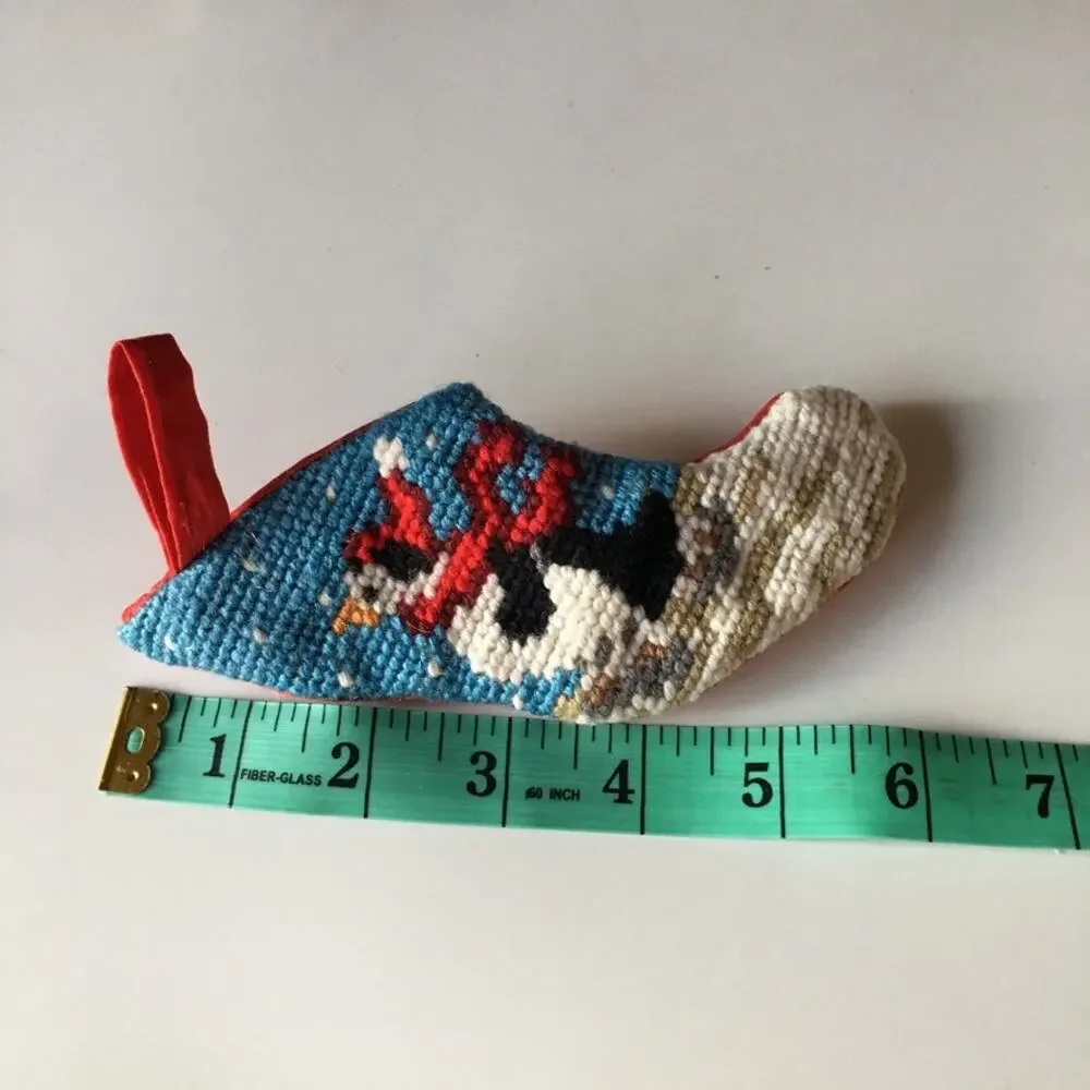 Vintage Mini Petit Point Needlepoint Christmas Penguin Stocking Ornament